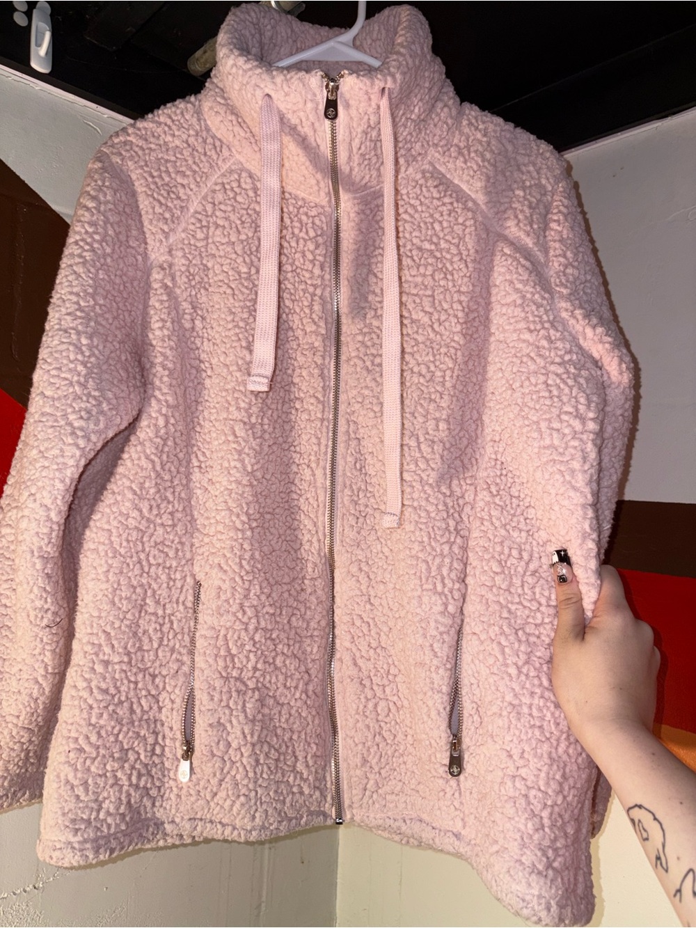 Adrienne Vittadini Pale Pink Teddy Sherpa Zip Jacket